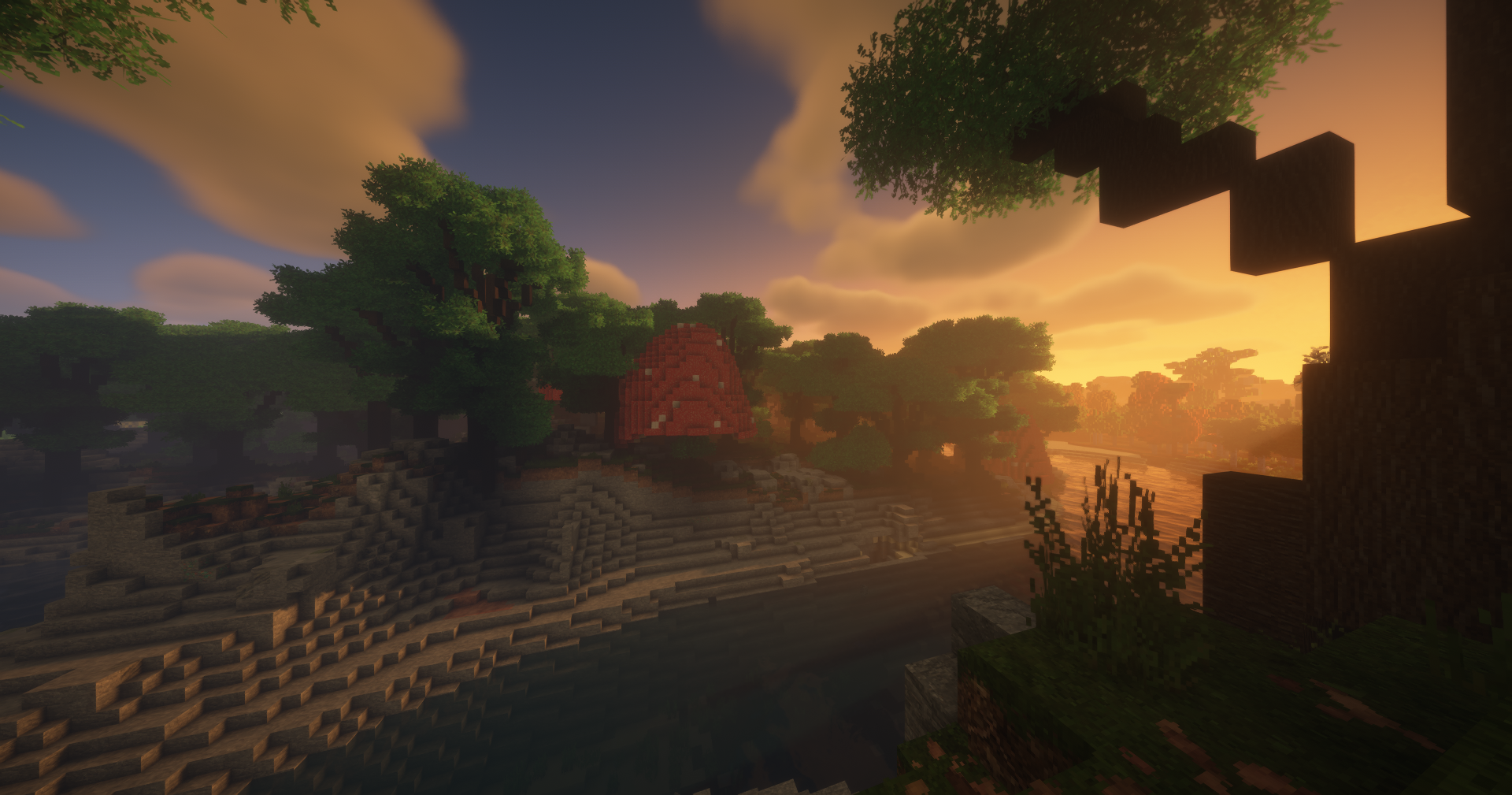 Sunset over a Minecraft forest and river